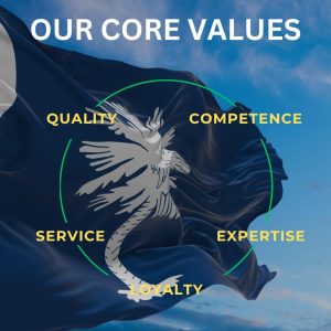 South Carolina flag flying against a blue sky. Core values written on top: quality, competence, expertise, loyalty and service.